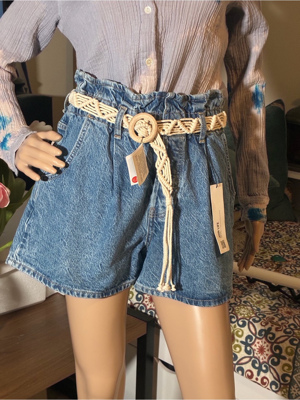 Zara BAGGY SHORT High Waisted Paperbag Denim Shorts with Macramé Belt